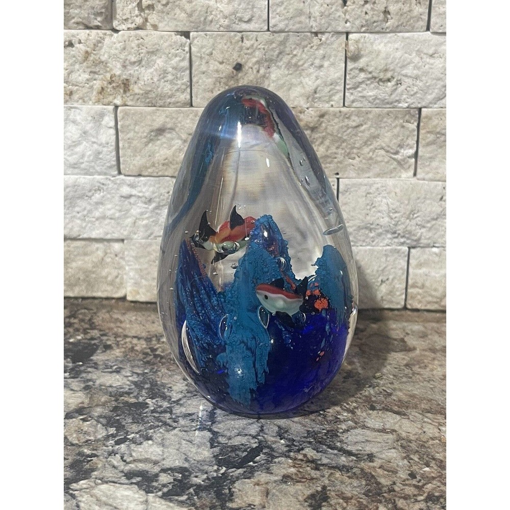 Murano style glass paperweight with orange and‎ white fish and coral, 4" high